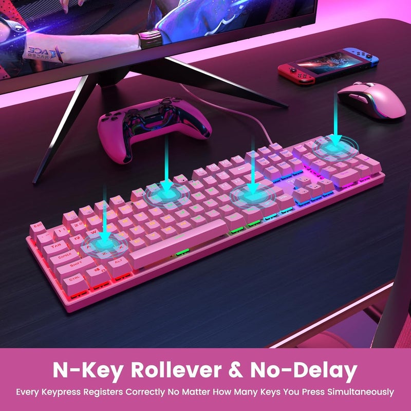 RisoPhy Mechanical Gaming Keyboard, RGB 104 Keys Ultra-Slim Backlit USB Wired Keyboard with Blue Switch, Durable ABS Keycap/Anti-Ghosting/Spill-Resistant Mechanical Keyboards for PC Mac Xbox Game,Pink - Image 5